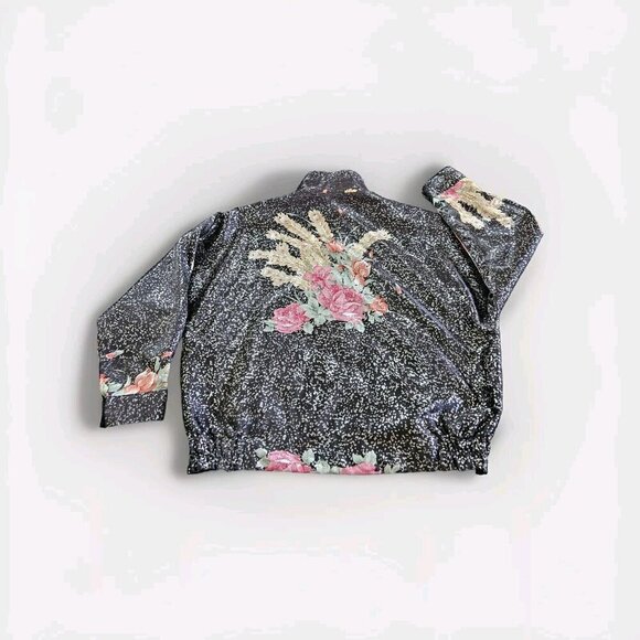 Hanarum Jacket Womens OS Reverisble Black Floral Zip Satin Shimmer VTG Boho Goth - Picture 14 of 14
